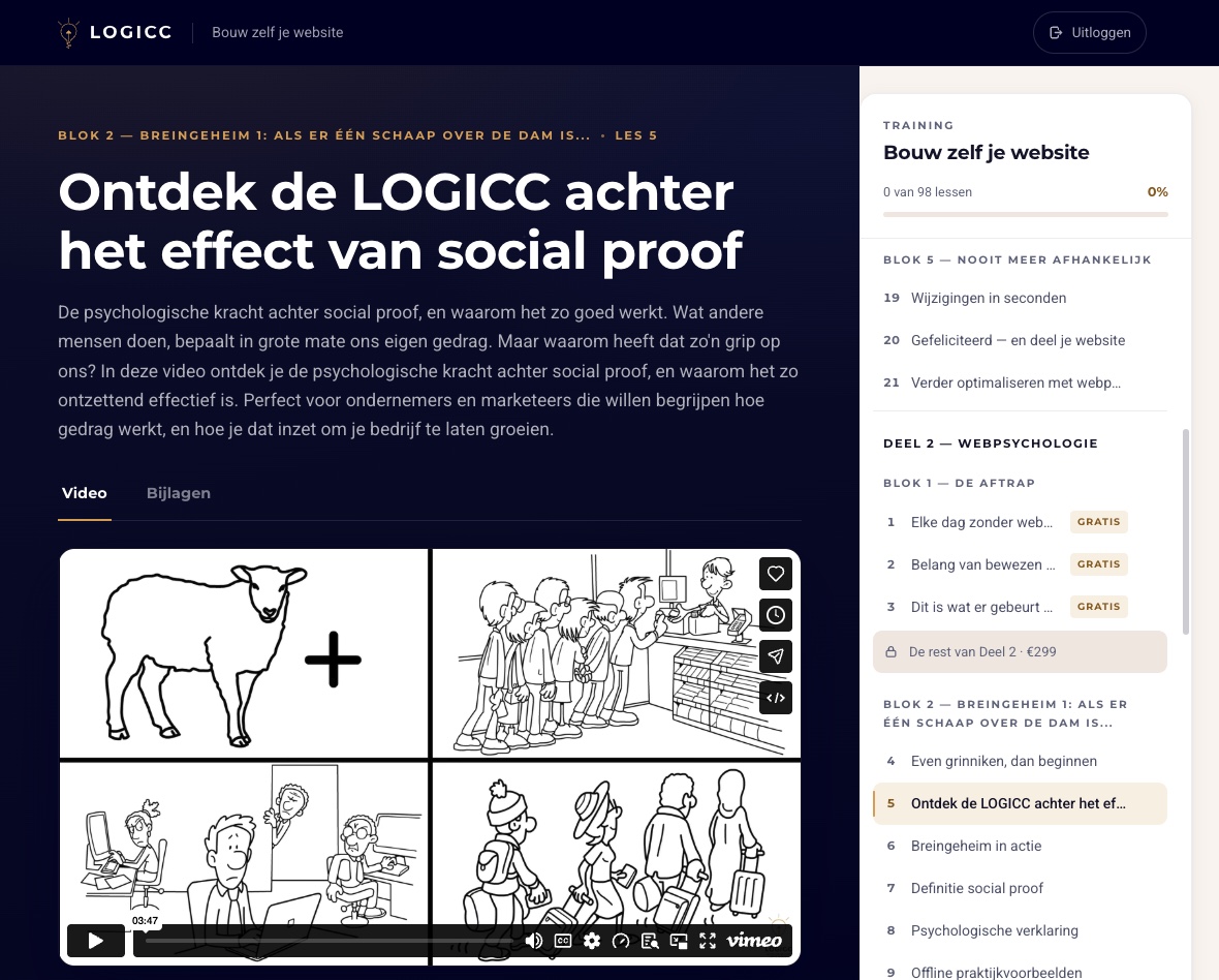 De LOGICC leeromgeving met een videoles over social proof en het overzicht van alle lessen