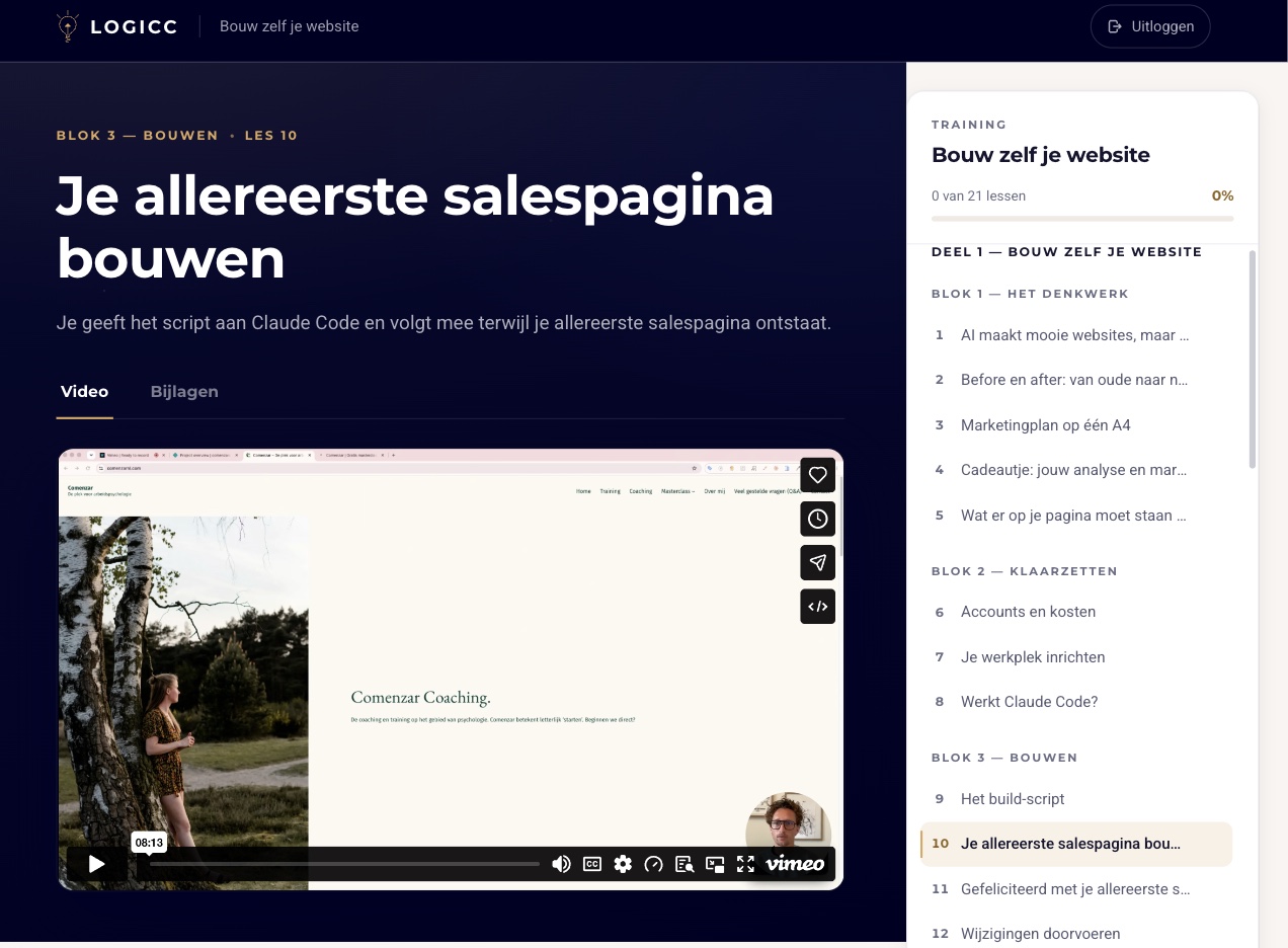 De LOGICC leeromgeving met een videoles en het overzicht van alle lessen